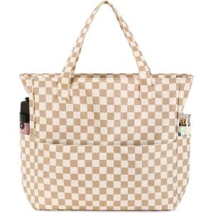 imageWaterproof Beach Tote Pool Bags for Women Ladies Extra Large Gym Tote Carry On Bag With Wet Compartment for Weekender TravelChecked Brown White