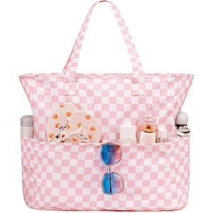 imageWaterproof Beach Tote Pool Bags for Women Ladies Extra Large Gym Tote Carry On Bag With Wet Compartment for Weekender TravelChecked Pink White