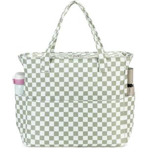 imageWaterproof Beach Tote Pool Bags for Women Ladies Extra Large Gym Tote Carry On Bag With Wet Compartment for Weekender TravelGrass Green White Grid