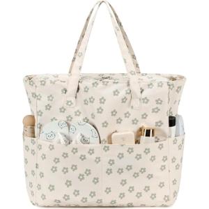 imageWaterproof Beach Tote Pool Bags for Women Ladies Extra Large Gym Tote Carry On Bag With Wet Compartment for Weekender TravelGreen Flower Beige