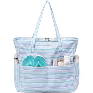 imageWaterproof Beach Tote Pool Bags for Women Ladies Extra Large Gym Tote Carry On Bag With Wet Compartment for Weekender TravelMulticolor Strip 1