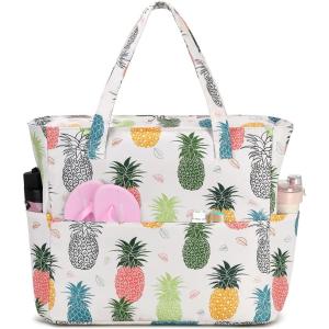 imageWaterproof Beach Tote Pool Bags for Women Ladies Extra Large Gym Tote Carry On Bag With Wet Compartment for Weekender TravelPineapple