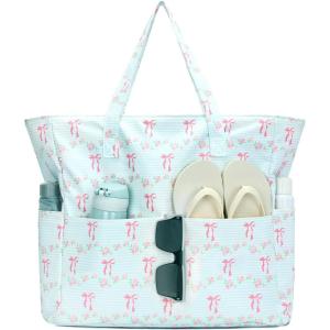 imageWaterproof Beach Tote Pool Bags for Women Ladies Extra Large Gym Tote Carry On Bag With Wet Compartment for Weekender TravelPink Bow Tie