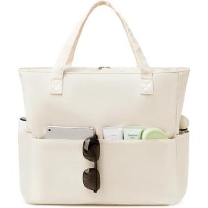 imageWaterproof Beach Tote Pool Bags for Women Ladies Extra Large Gym Tote Carry On Bag With Wet Compartment for Weekender TravelSolid Beige