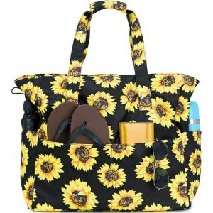 imageWaterproof Beach Tote Pool Bags for Women Ladies Large Gym Tote Carry On Bag With Wet Compartment for Weekender Travel Sunflower Black