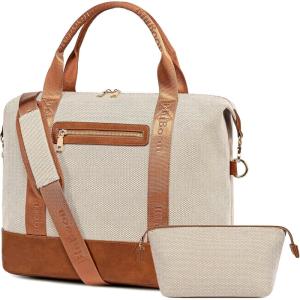 imageBluboon Travel Tote Bags with Zipper Ladies Canvas Bag Weekender Overnight Bag for Women Carry on Duffel Bag Trolley SleeveBeige Checked Coir 2 Set