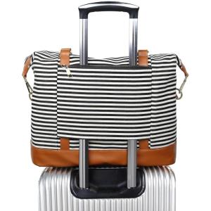 imageBluboon Travel Tote Bags with Zipper Ladies Canvas Bag Weekender Overnight Bag for Women Carry on Duffel Bag Trolley SleeveBlackstripe