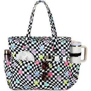imageBluboon Beach Bags for Women Large Waterproof Tote Bag With Wet Compartment for Pool Weekender Travel GymBlack White Checkeredcolorful Flowers