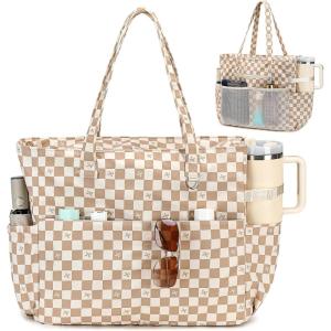 imageBluboon Beach Bags for Women Large Waterproof Tote Bag With Wet Compartment for Pool Weekender Travel GymBrown White Checkeredbow