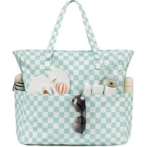 imageBluboon Beach Bags for Women Large Waterproof Tote Bag With Wet Compartment for Pool Weekender Travel GymGreen and White Grid