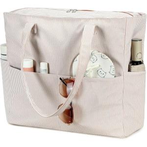 imageBluboon Beach Bags for Women Large Waterproof Tote Bag With Wet Compartment for Pool Weekender Travel GymKhaki White Stripes 1