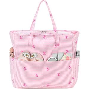 imageBluboon Beach Bags for Women Large Waterproof Tote Bag With Wet Compartment for Pool Weekender Travel GymPink and White Stripes