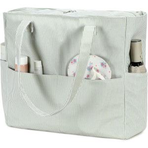 imageBluboon Beach Bags for Women Large Waterproof Tote Bag With Wet Compartment for Pool Weekender Travel GymSage Green White Stripe 1