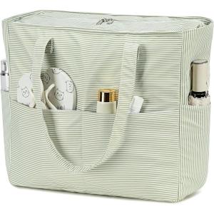imageBluboon Waterproof Beach Tote Pool Bags for Women Ladies Extra Large Carry On Bag With Wet Compartment for Weekender TravelGrass Green White Grid Stripes