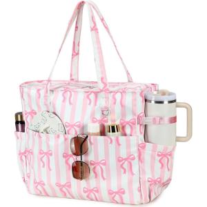 imageBluboon Waterproof Beach Tote Pool Bags for Women Ladies Extra Large Carry On Bag With Wet Compartment for Weekender TravelPink White Stripesbow