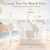 image:imageBluboon Mesh Beach Tote Bag with Cooler Compartment Insulated Detachable Picnic Bag with Zipper and Pocket Pool Bag for WomenSand White Vertical Stripe