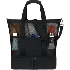 image:imageBluboon Mesh Beach Tote Bag with Cooler Compartment Insulated Detachable Picnic Bag with Zipper and Pocket Pool Bag for WomenBlack B