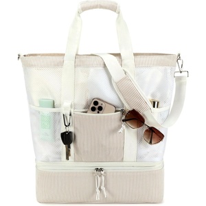 image:imageBluboon Mesh Beach Tote Bag with Cooler Compartment Insulated Detachable Picnic Bag with Zipper and Pocket Pool Bag for WomenSand White Vertical Stripe