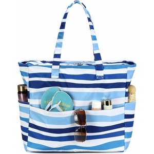 image:imageBluboon Waterproof Beach Tote Pool Bags for Women Ladies Extra Large Carry On Bag With Wet Compartment for Weekender TravelIrregular Blue Stripes