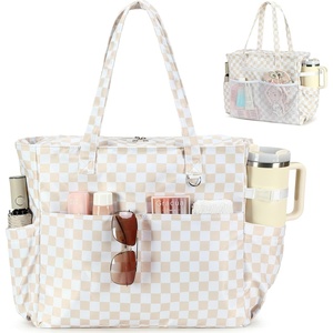 image:imageBluboon Waterproof Beach Tote Pool Bags for Women Ladies Extra Large Carry On Bag With Wet Compartment for Weekender TravelLight Brown Checkered